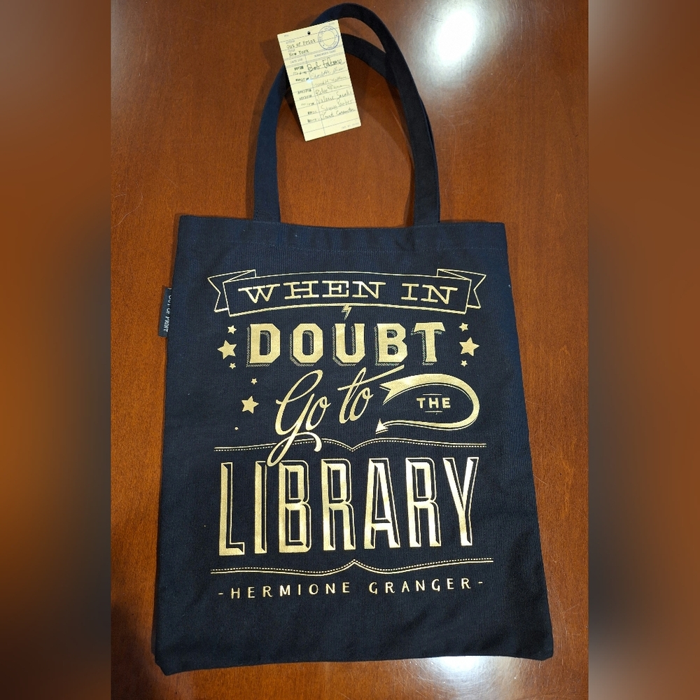 Out of Print When In Doubt Go To The Library Tote Bag Black & Gold Color